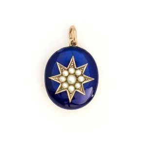 10K Pearl & Blue Enamel Starburst Locket
