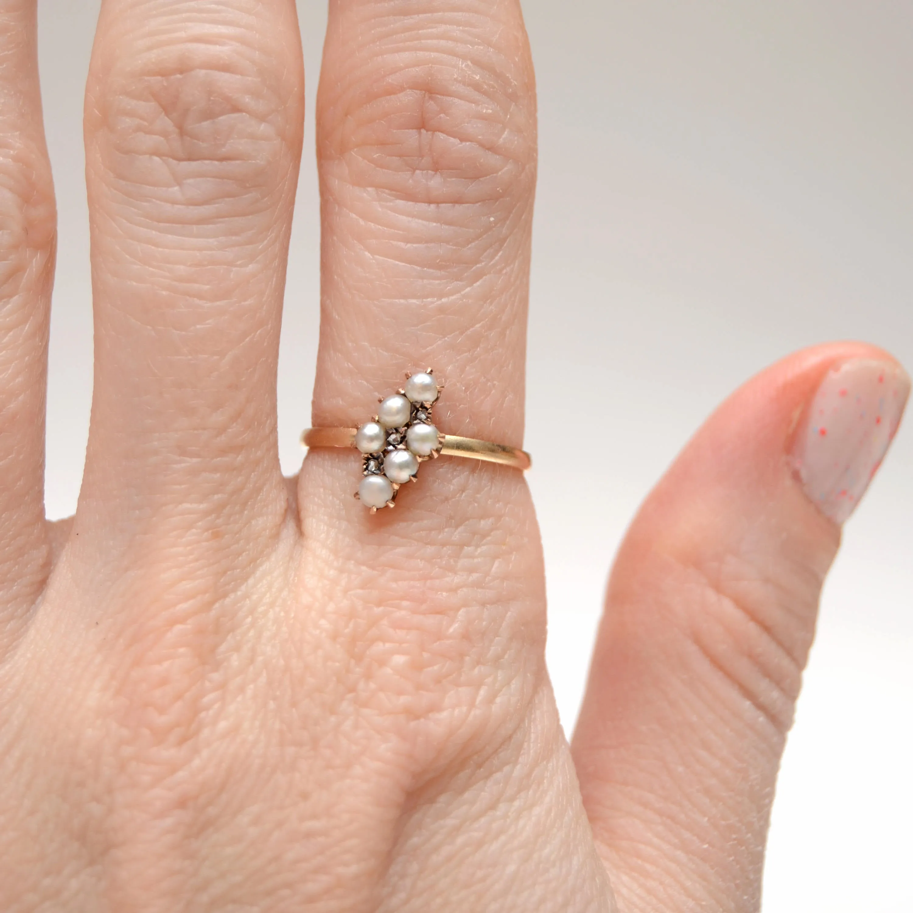 10k Victorian Rose Cut Diamond and Pearl Ring