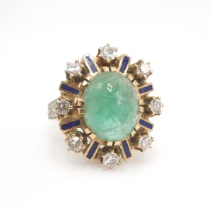 5.00ct Cabochon Emerald Ring - Antique/Victorian - with Enamel and Antique Cut Diamonds