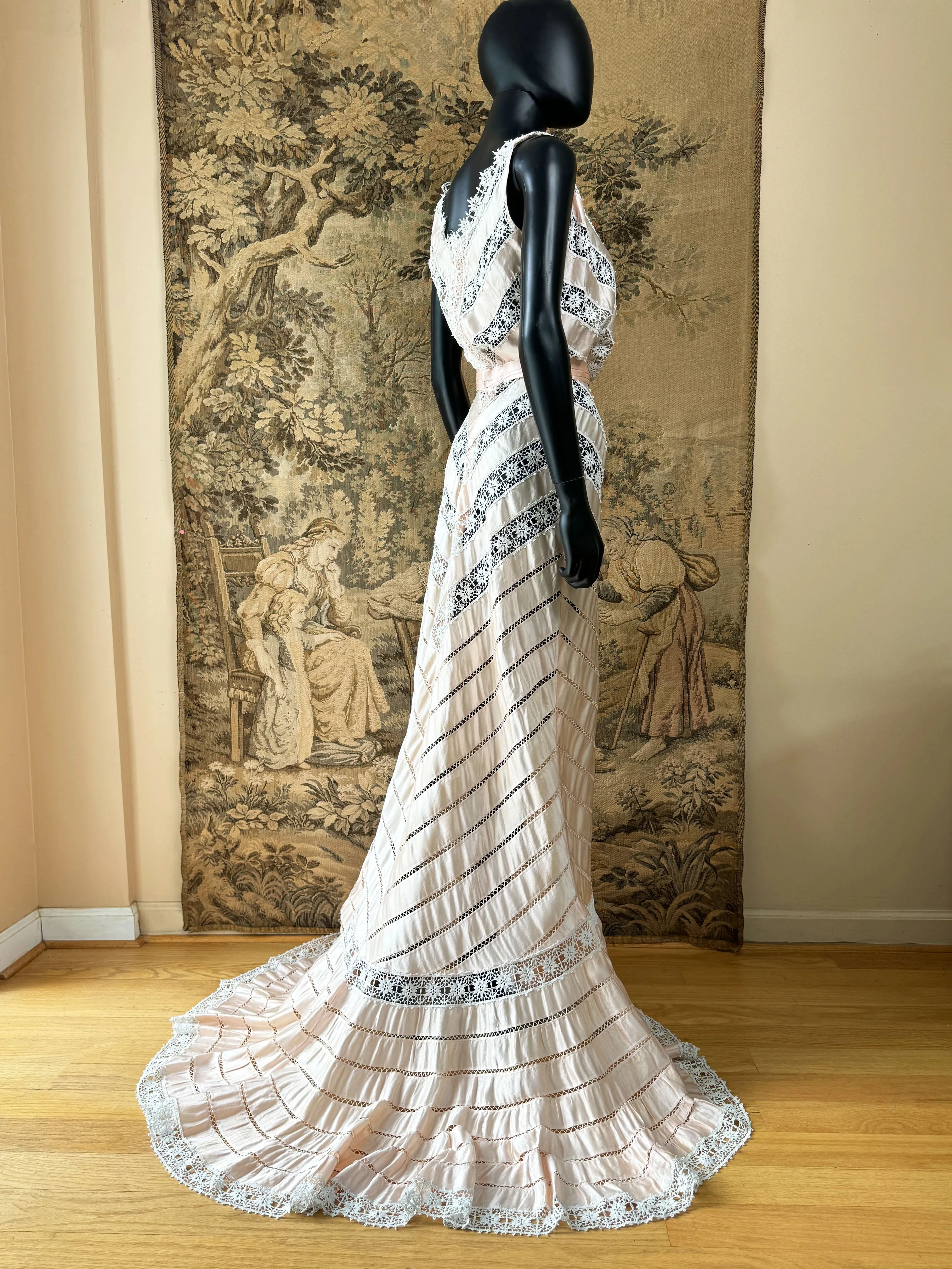 Antique Blush Pink Silk Ribbon & Lace Gown