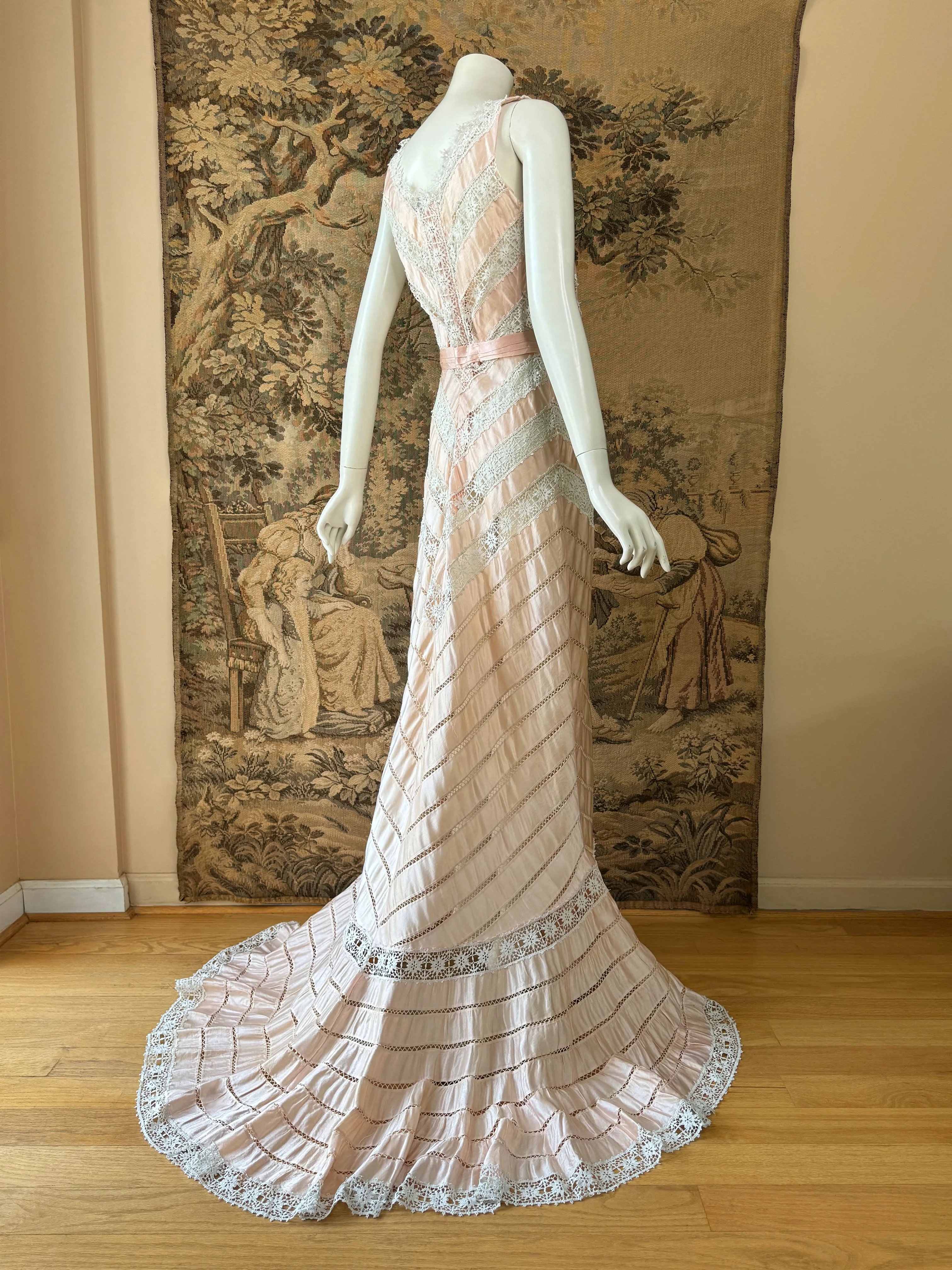 Antique Blush Pink Silk Ribbon & Lace Gown