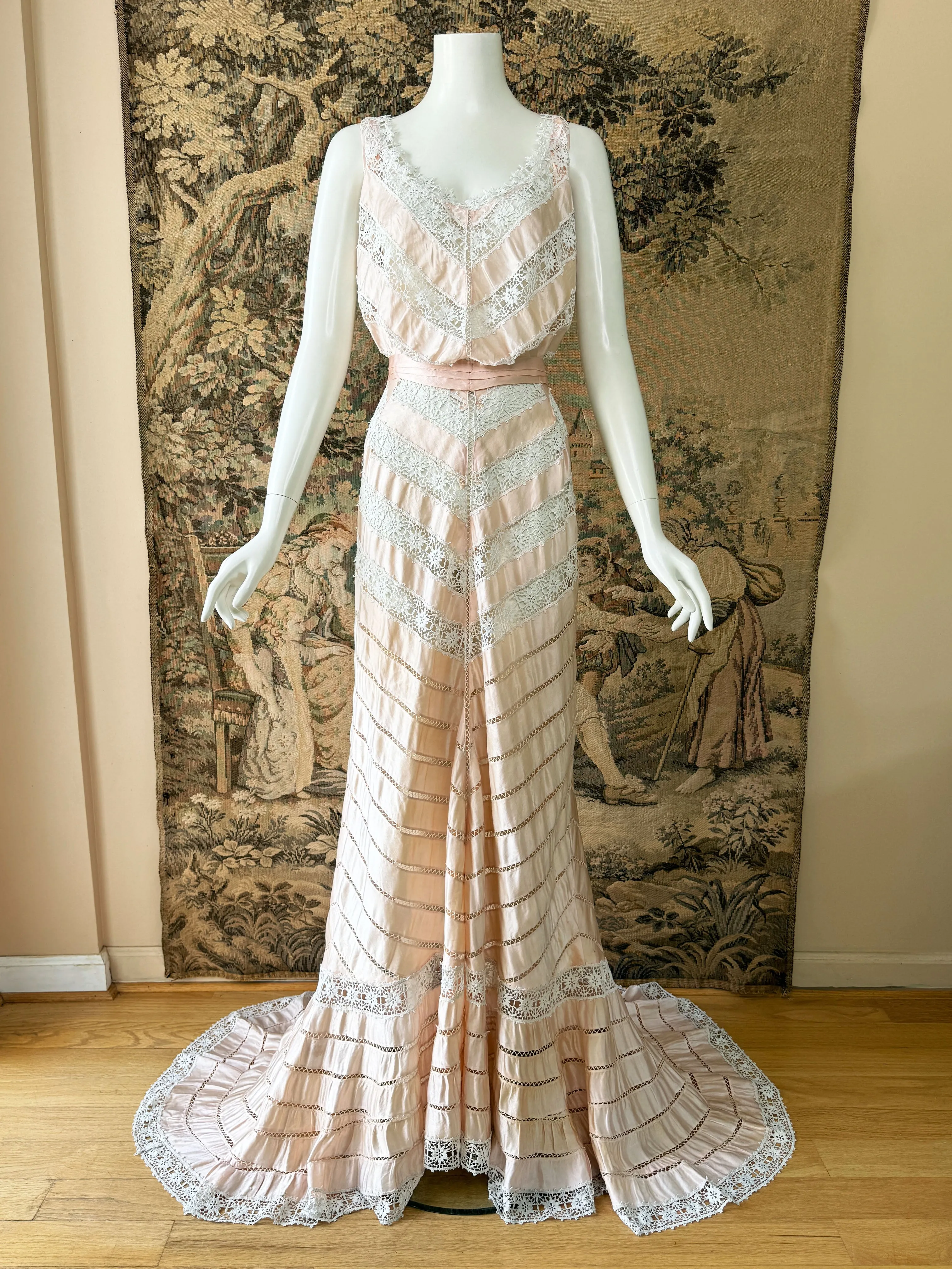 Antique Blush Pink Silk Ribbon & Lace Gown