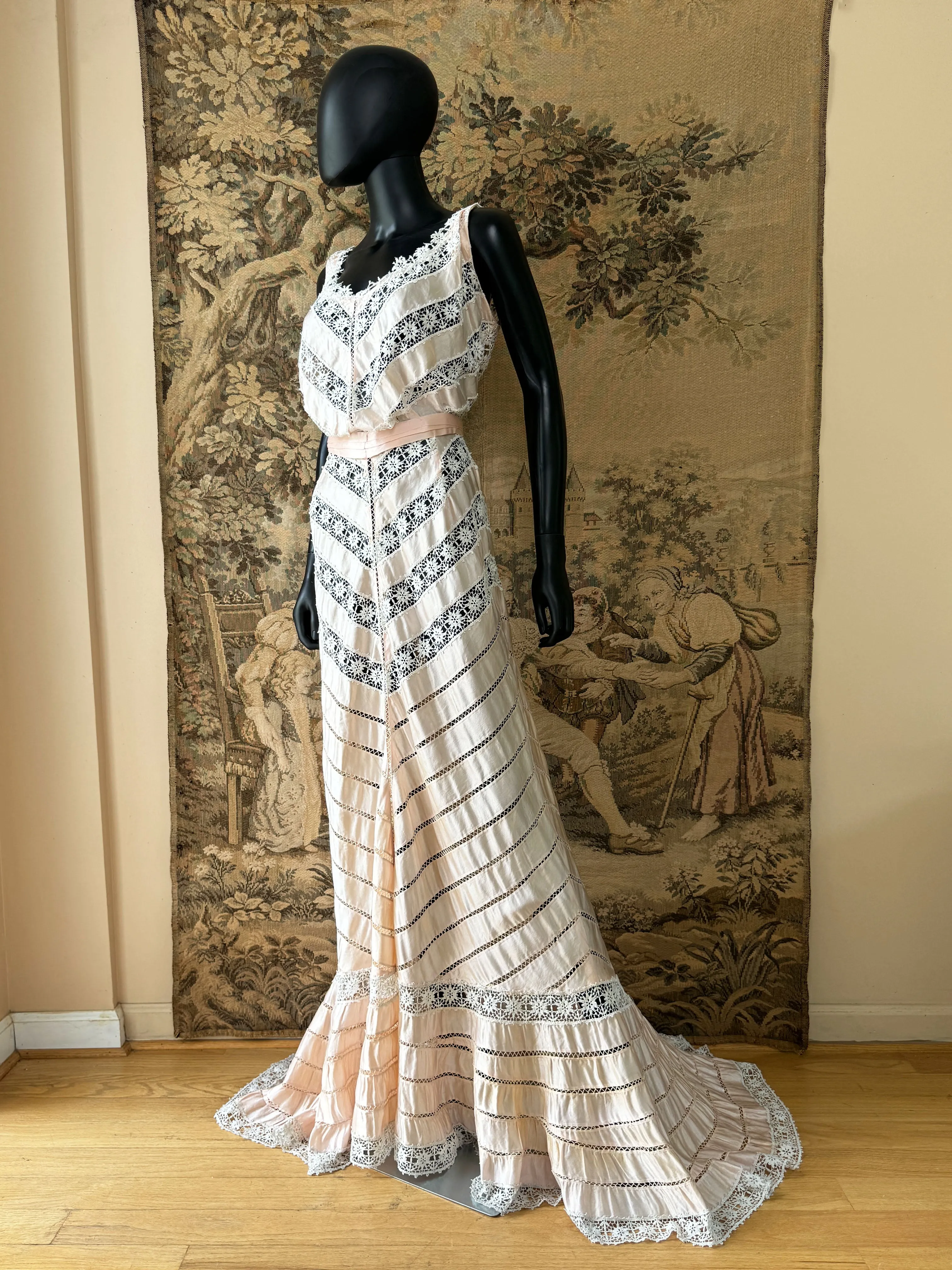 Antique Blush Pink Silk Ribbon & Lace Gown
