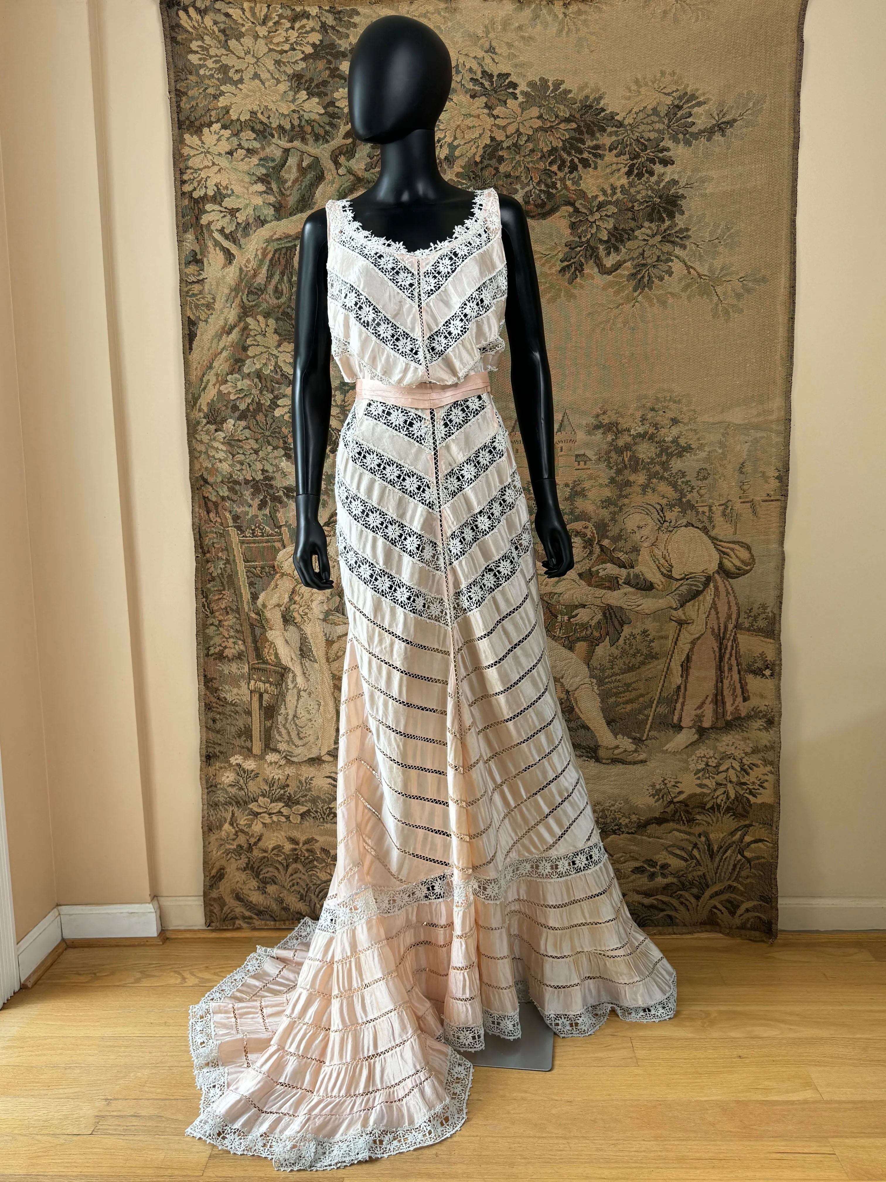 Antique Blush Pink Silk Ribbon & Lace Gown