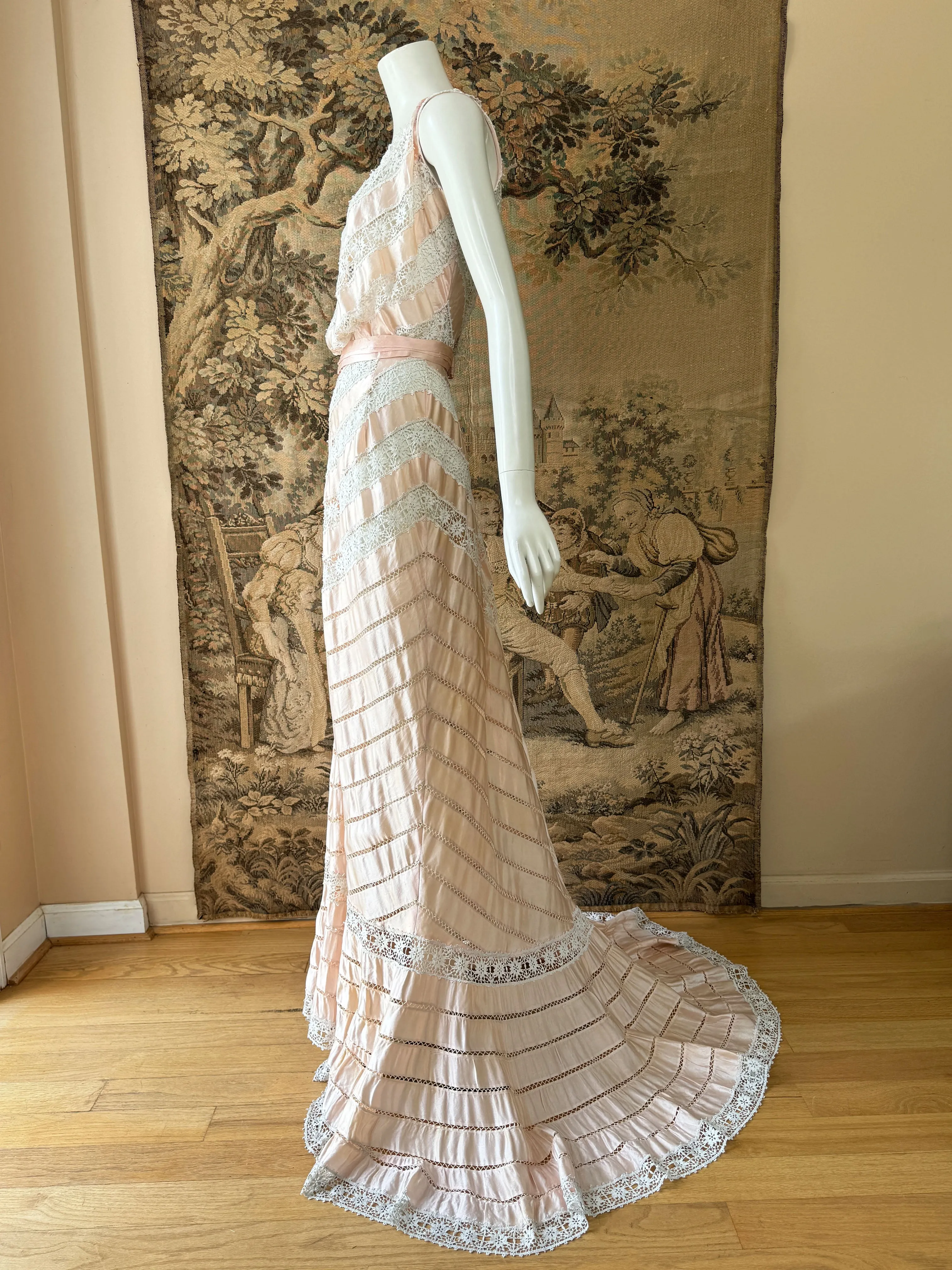 Antique Blush Pink Silk Ribbon & Lace Gown