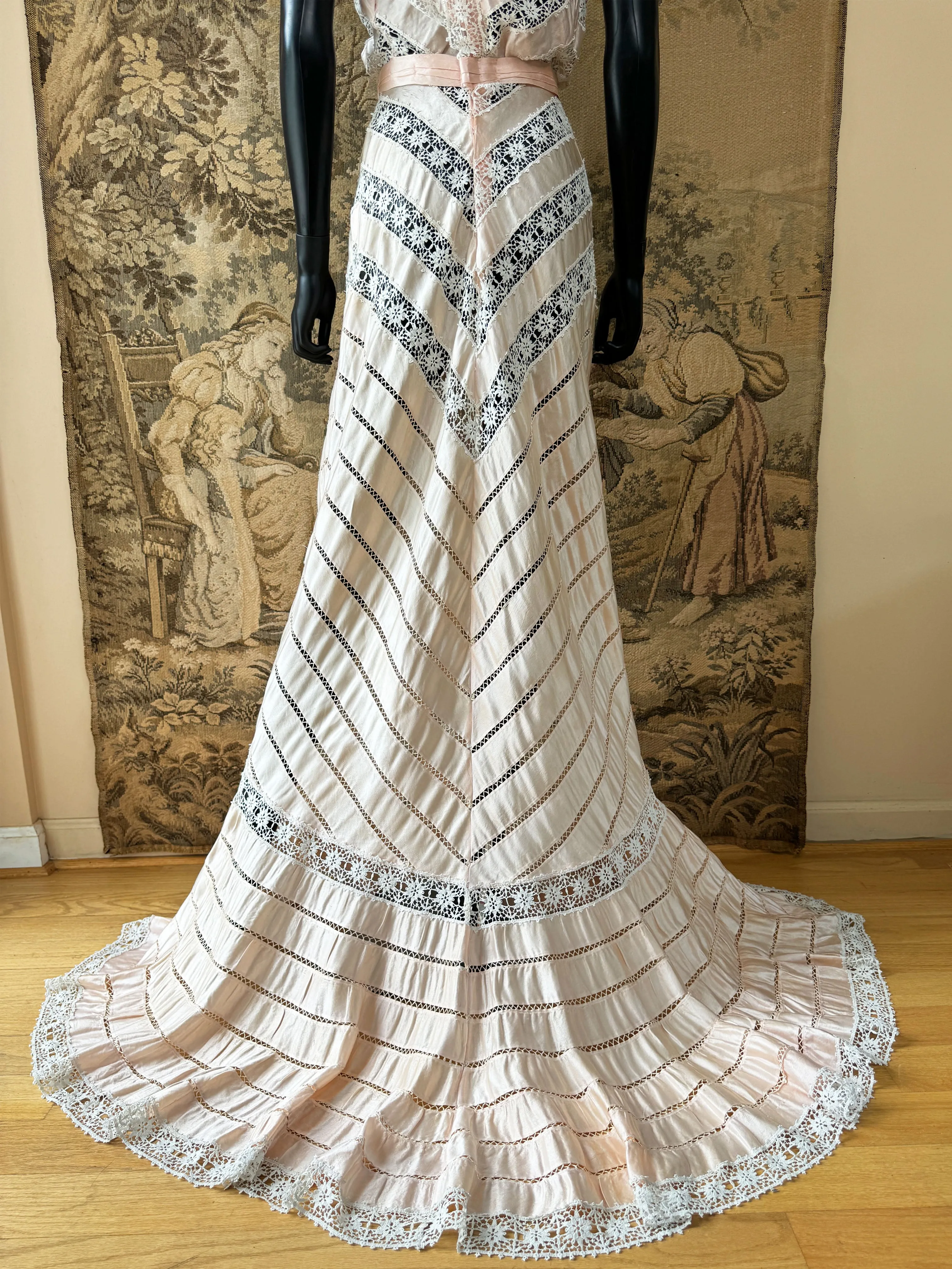 Antique Blush Pink Silk Ribbon & Lace Gown