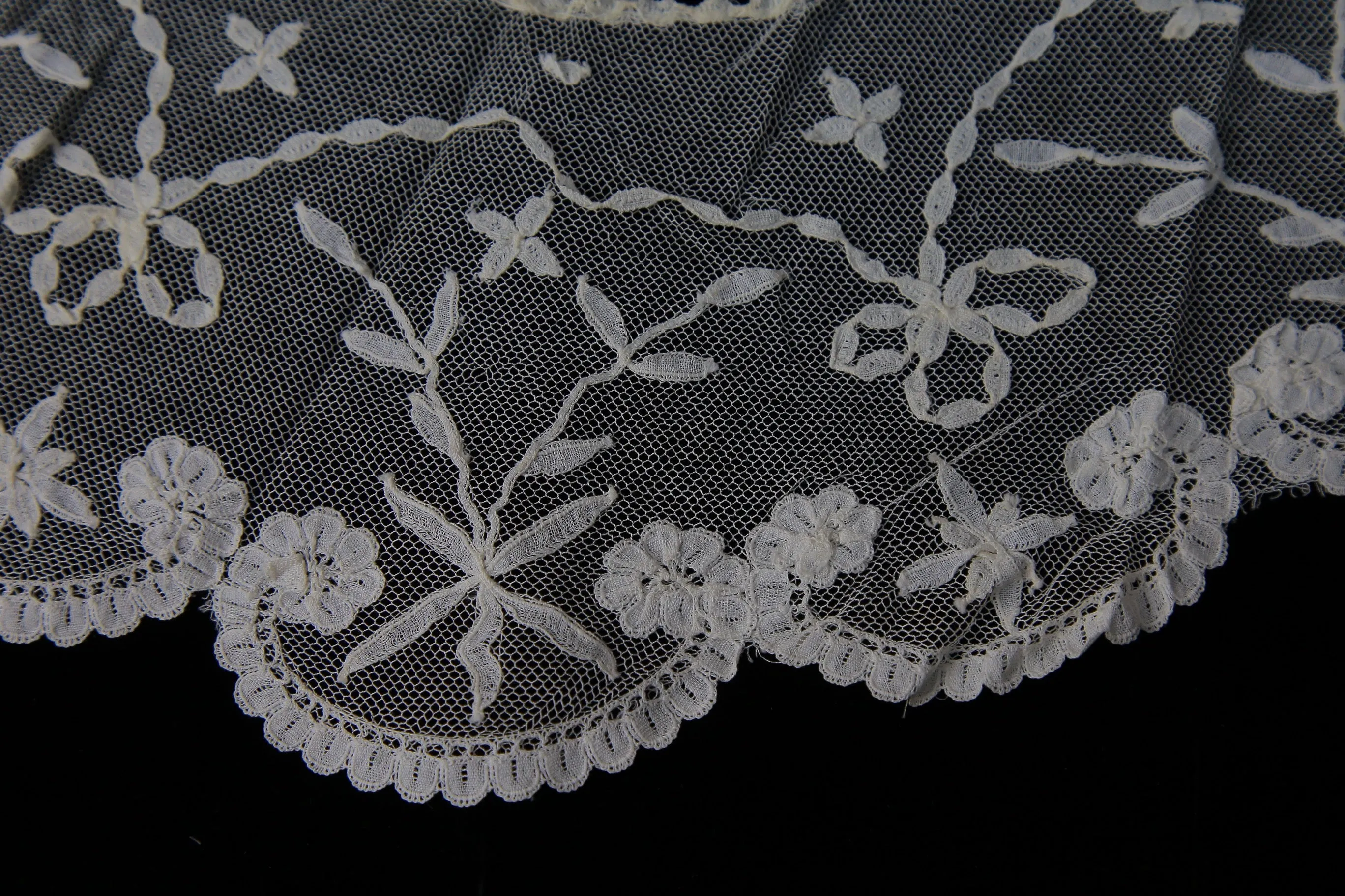 Antique Brussels lace Bertha collar on net vintage Victorian era