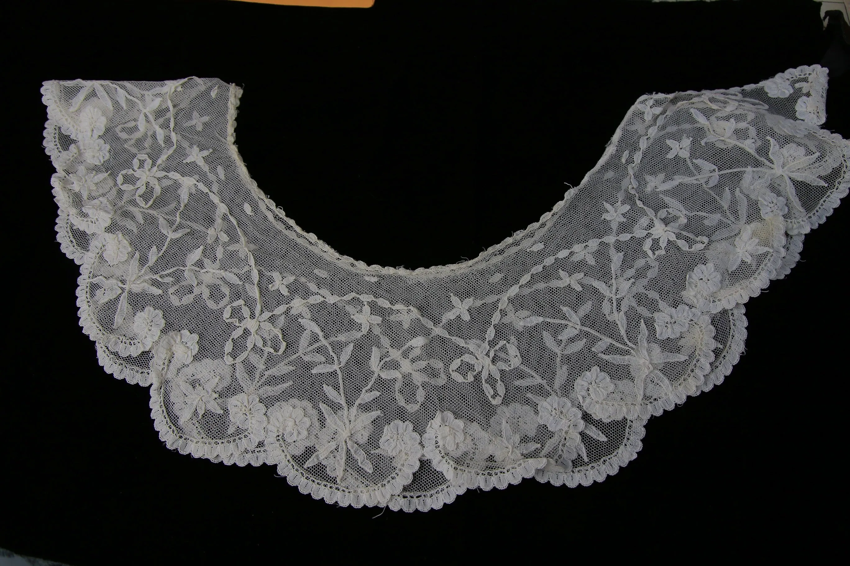 Antique Brussels lace Bertha collar on net vintage Victorian era