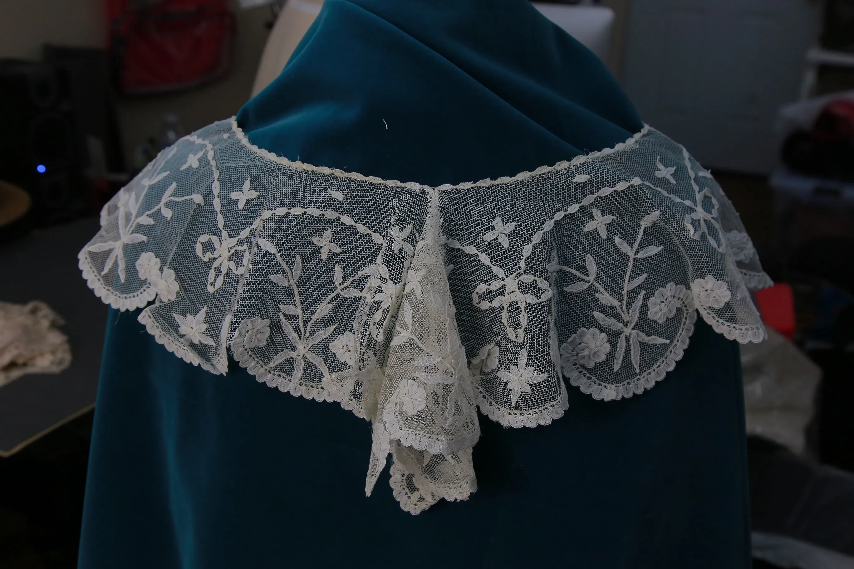Antique Brussels lace Bertha collar on net vintage Victorian era
