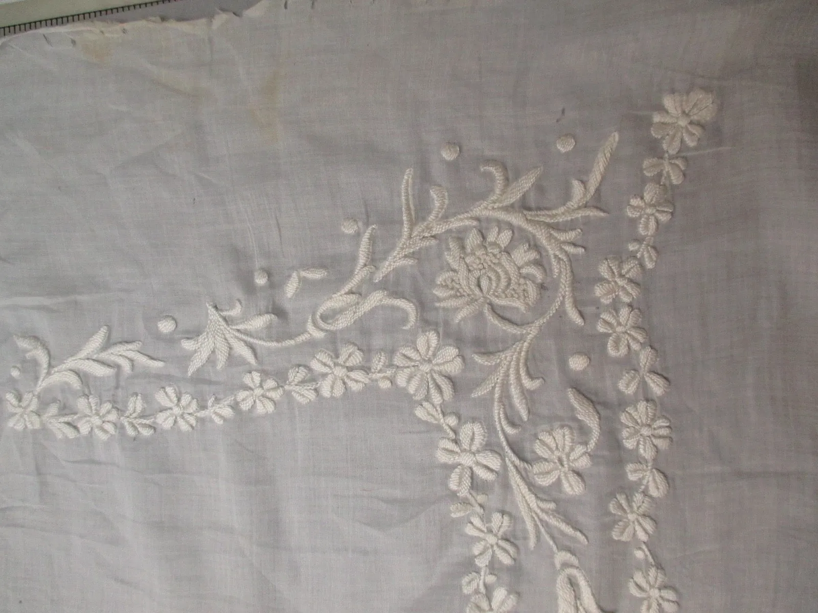 Antique lace embroidered muslin panel remnant