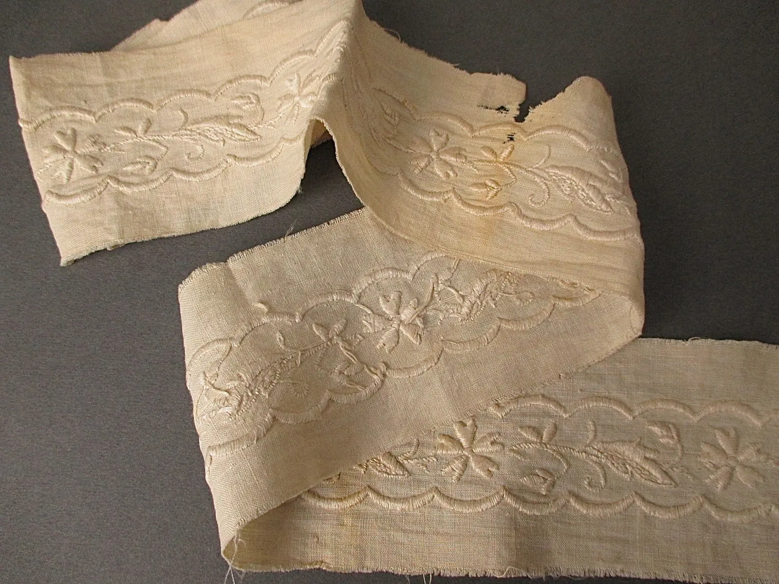 Antique lace hand embroidered insertion linen Victorian era