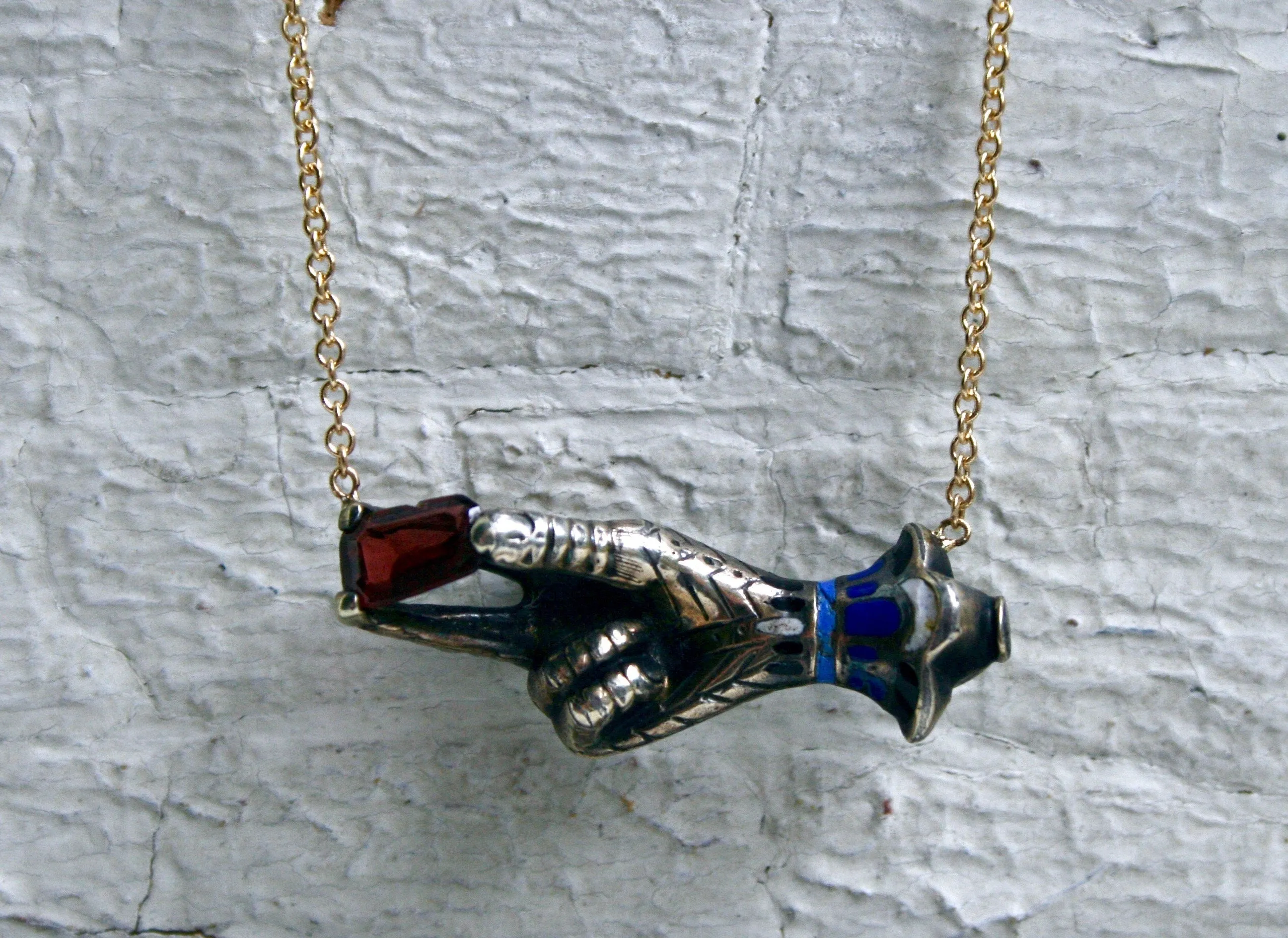 Antique Silver/ 14K Yellow Gold Hand Pendant with Garnet and Enamel Necklace.