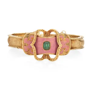 Antique Victorian Bracelet Pink Enamel Emerald 18k Yellow Gold 6.5" Jewelry