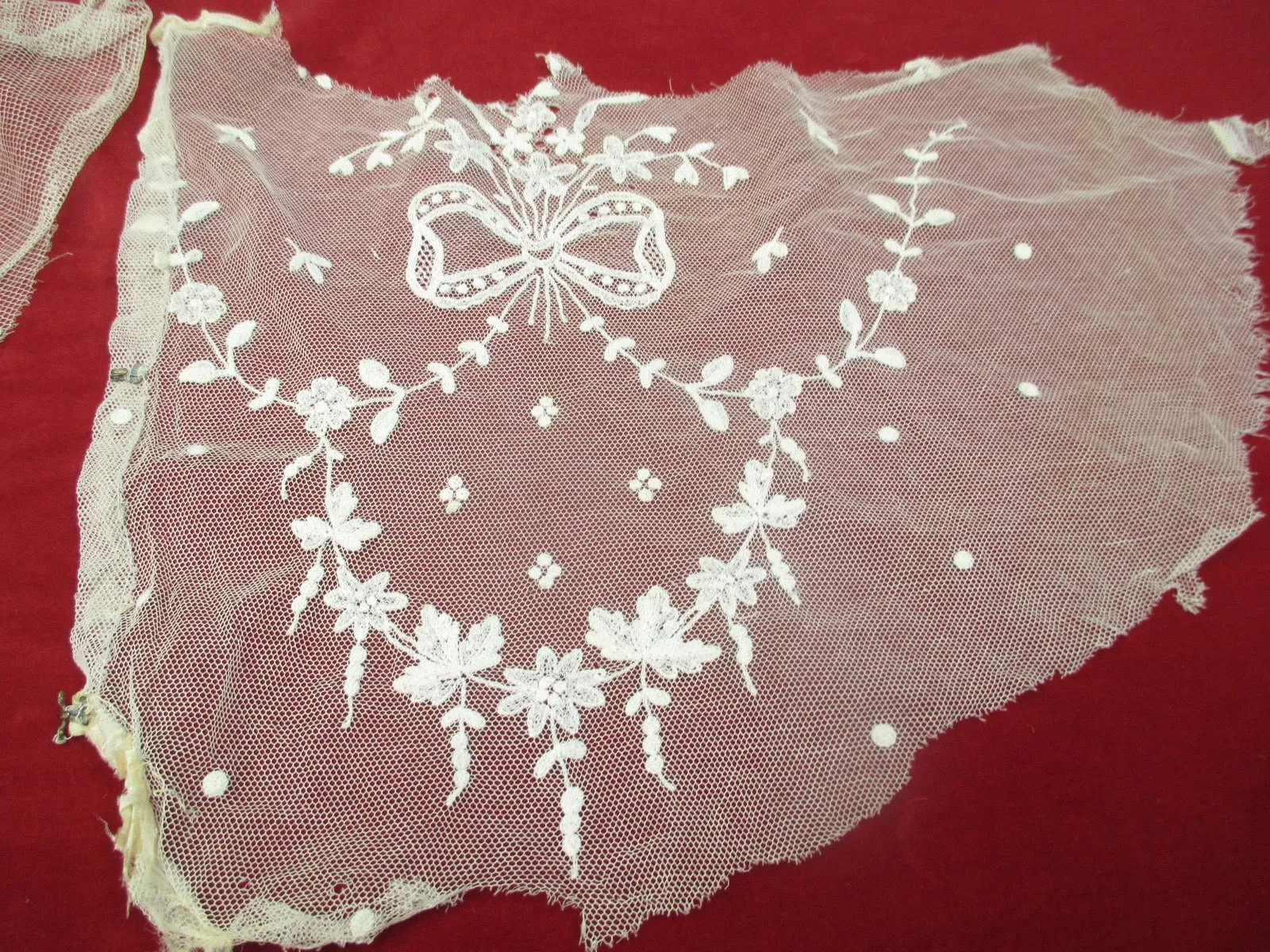 Antique Victorian embroidered net lace remnants 2 pc
