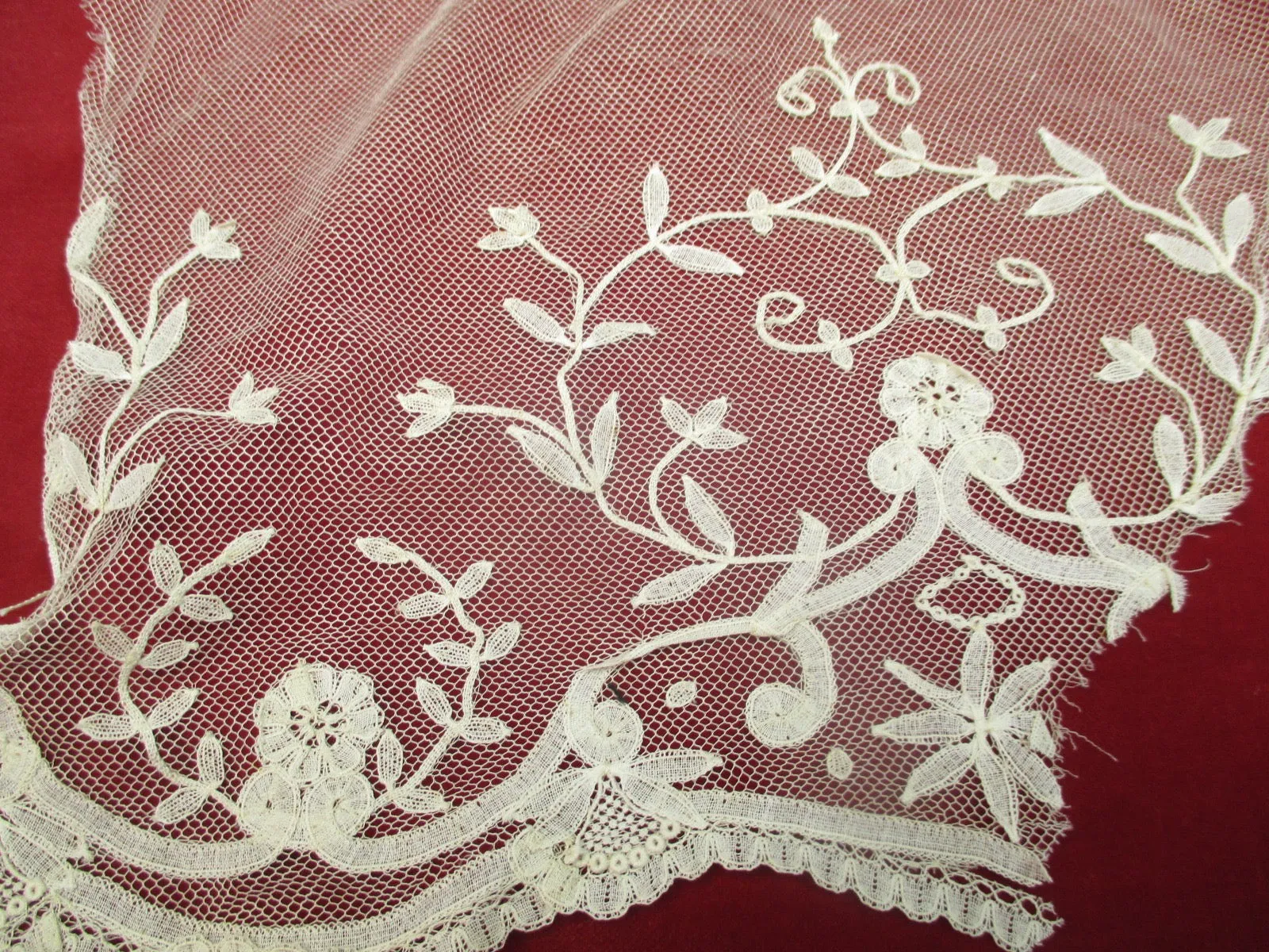 Antique Victorian embroidered net lace remnants 2 pc