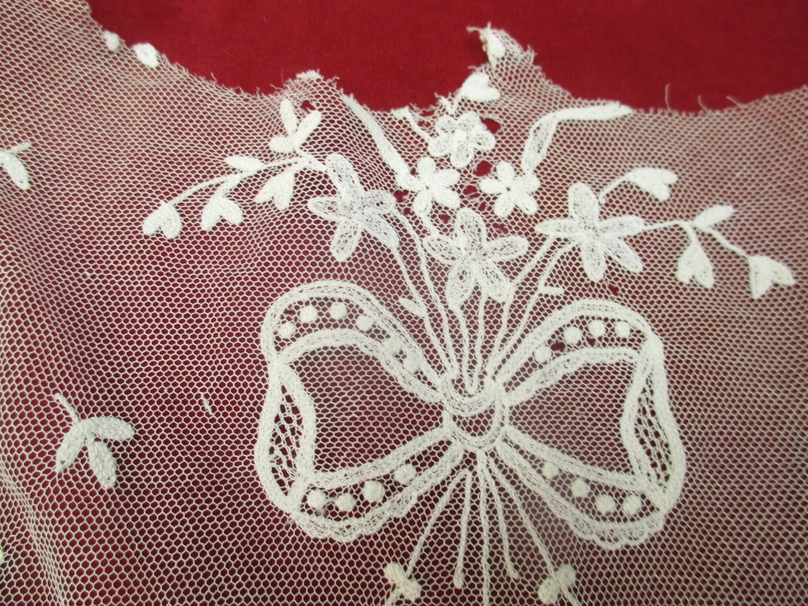 Antique Victorian embroidered net lace remnants 2 pc
