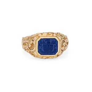 Antique Victorian Lapis Lazuli Crest Ring Intaglio Signet 14k Yellow Gold 8.25