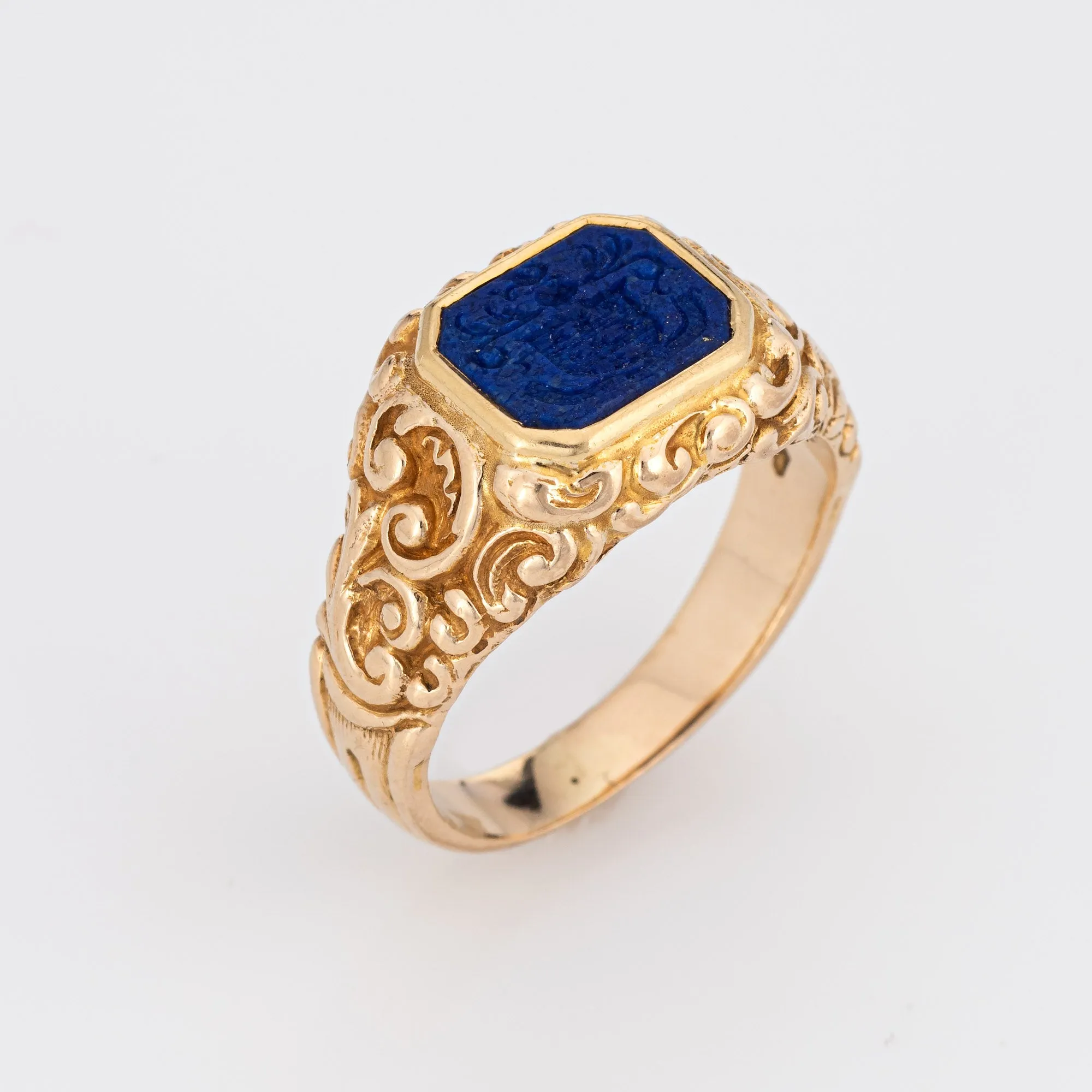 Antique Victorian Lapis Lazuli Crest Ring Intaglio Signet 14k Yellow Gold 8.25