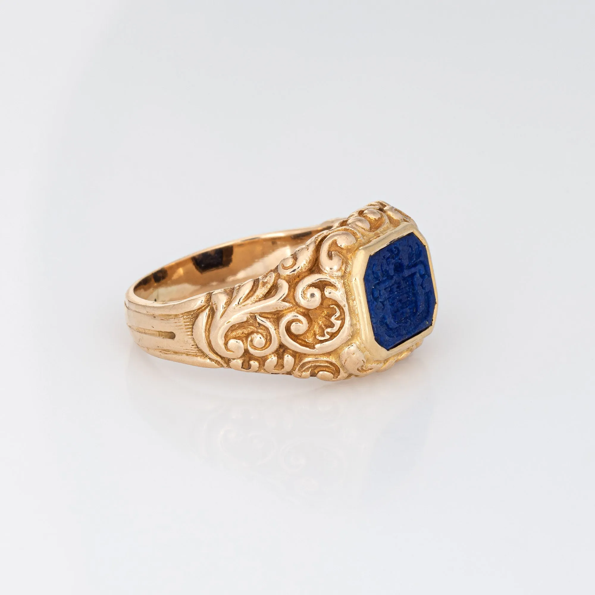 Antique Victorian Lapis Lazuli Crest Ring Intaglio Signet 14k Yellow Gold 8.25