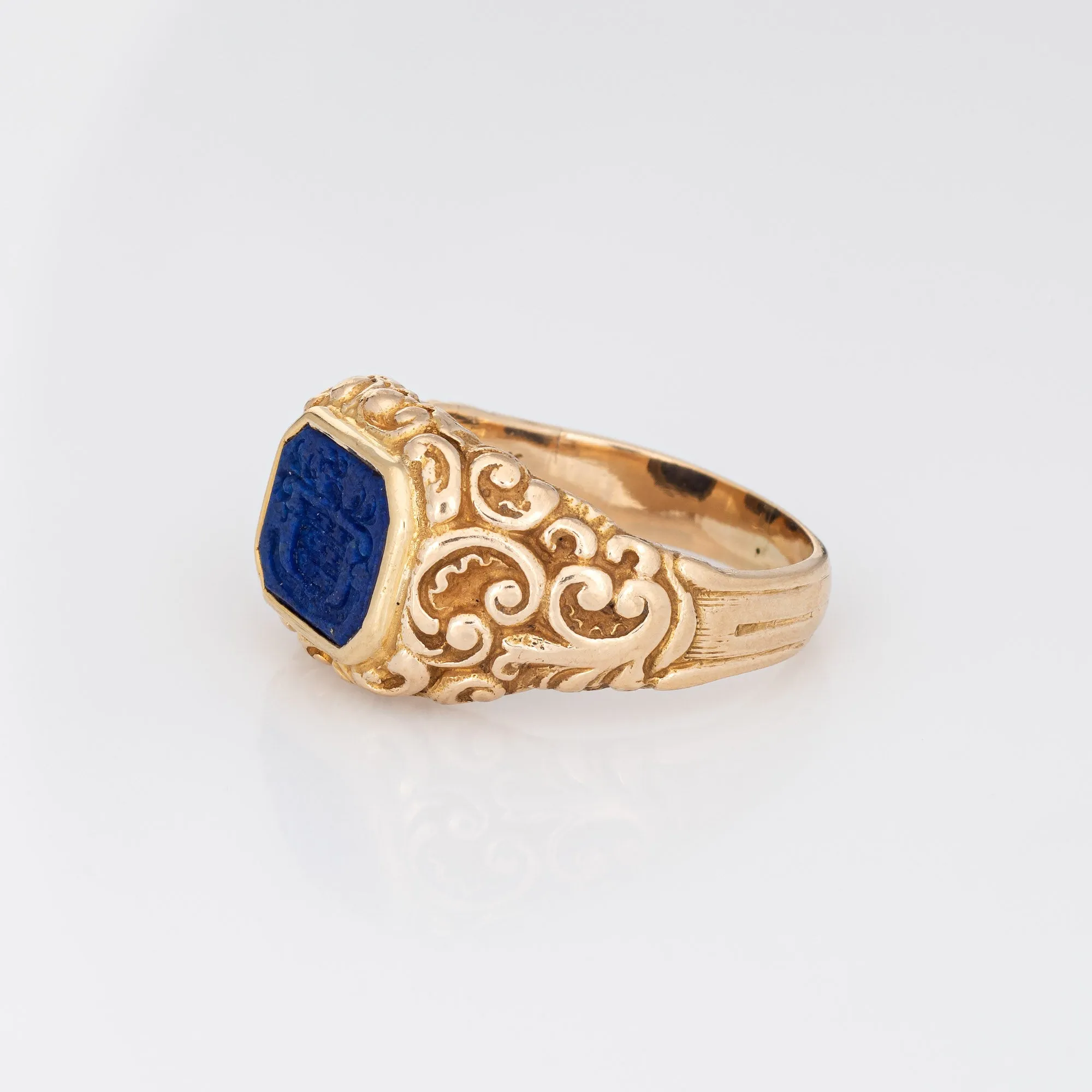 Antique Victorian Lapis Lazuli Crest Ring Intaglio Signet 14k Yellow Gold 8.25