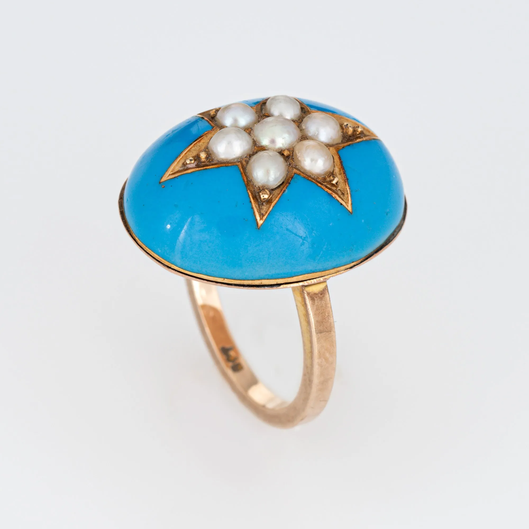 Antique Victorian Star Ring Blue Enamel Pearl Dome Vintage 9k Yellow Gold Sz 5