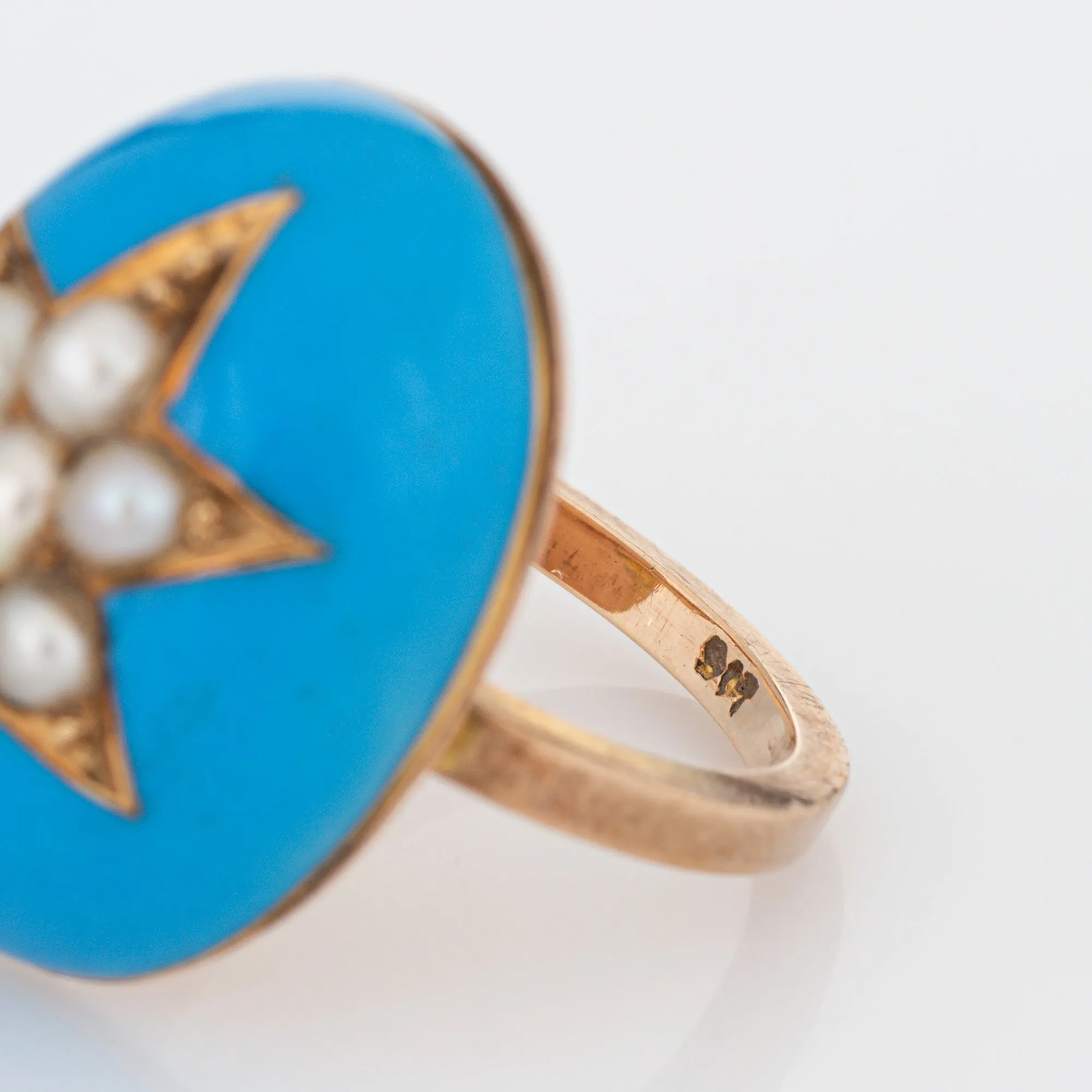 Antique Victorian Star Ring Blue Enamel Pearl Dome Vintage 9k Yellow Gold Sz 5