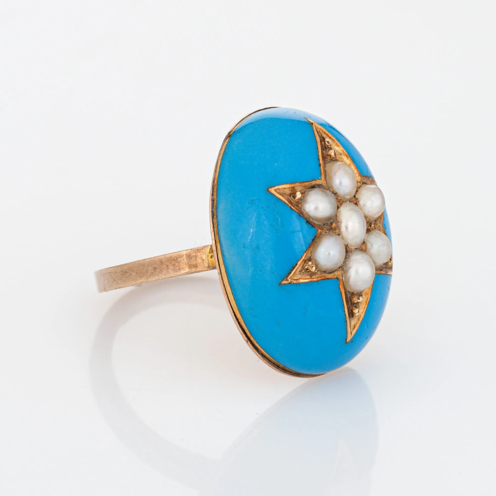 Antique Victorian Star Ring Blue Enamel Pearl Dome Vintage 9k Yellow Gold Sz 5