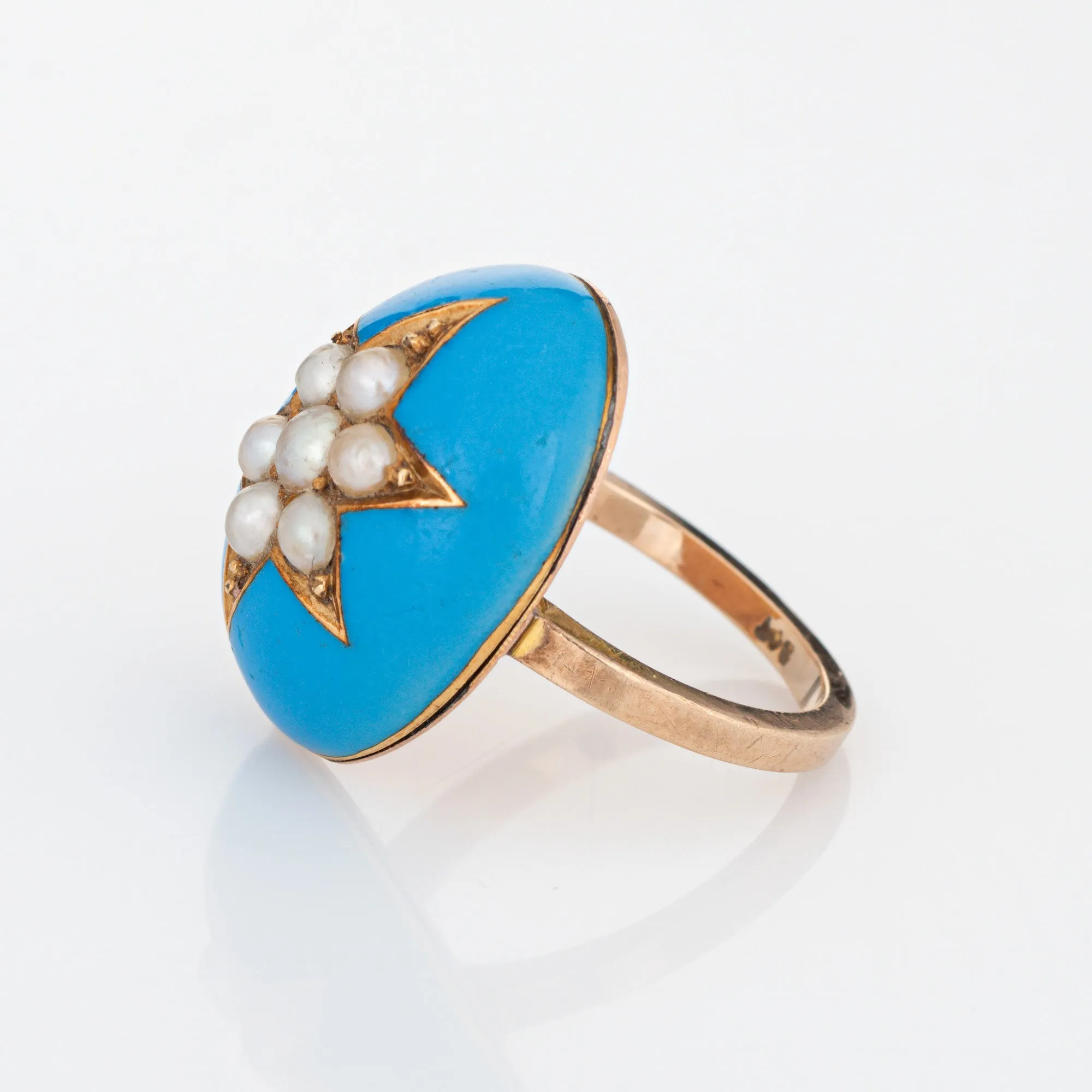 Antique Victorian Star Ring Blue Enamel Pearl Dome Vintage 9k Yellow Gold Sz 5