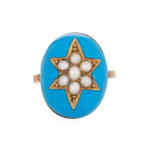 Antique Victorian Star Ring Blue Enamel Pearl Dome Vintage 9k Yellow Gold Sz 5