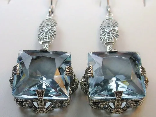 Aquamarine Earrings, Long Sterling Silver Filigree, Victorian Jewelry #E77