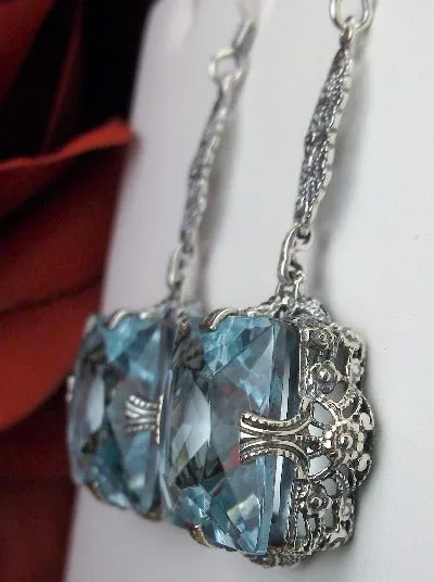 Aquamarine Earrings, Long Sterling Silver Filigree, Victorian Jewelry #E77