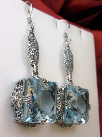 Aquamarine Earrings, Long Sterling Silver Filigree, Victorian Jewelry #E77