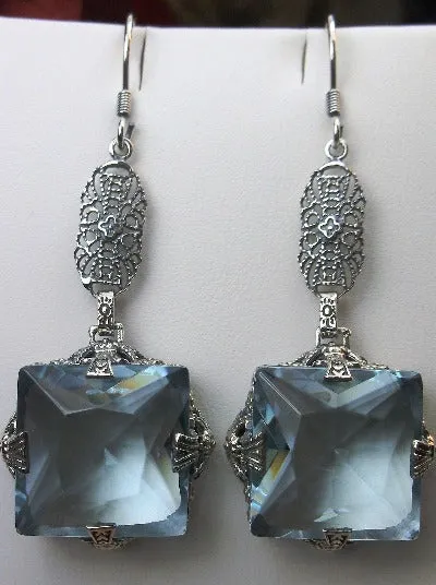 Aquamarine Earrings, Long Sterling Silver Filigree, Victorian Jewelry #E77