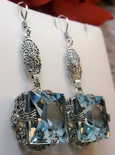 Aquamarine Earrings, Long Sterling Silver Filigree, Victorian Jewelry #E77