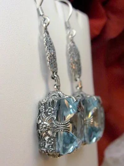 Aquamarine Earrings, Long Sterling Silver Filigree, Victorian Jewelry #E77