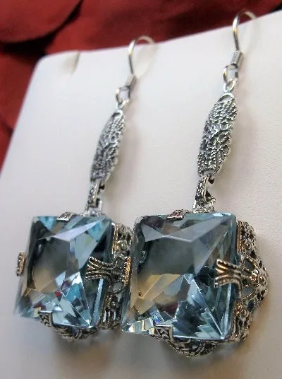 Aquamarine Earrings, Long Sterling Silver Filigree, Victorian Jewelry #E77