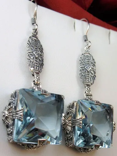 Aquamarine Earrings, Long Sterling Silver Filigree, Victorian Jewelry #E77