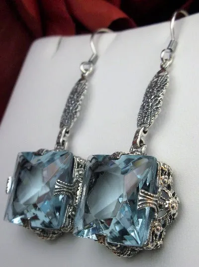 Aquamarine Earrings, Long Sterling Silver Filigree, Victorian Jewelry #E77