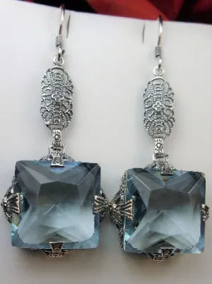 Aquamarine Earrings, Long Sterling Silver Filigree, Victorian Jewelry #E77