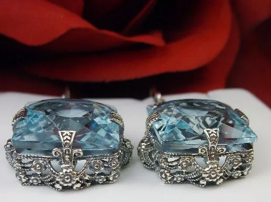 Aquamarine Earrings, Long Sterling Silver Filigree, Victorian Jewelry #E77