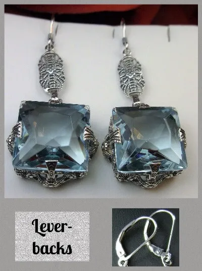Aquamarine Earrings, Long Sterling Silver Filigree, Victorian Jewelry #E77
