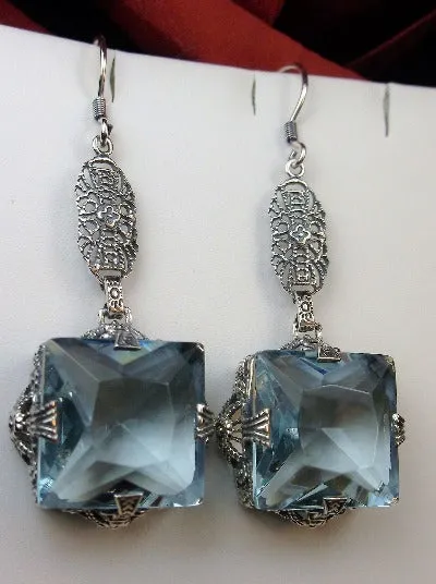 Aquamarine Earrings, Long Sterling Silver Filigree, Victorian Jewelry #E77