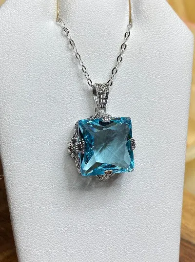 Aquamarine Pendant, Sterling Silver Filigree Necklace, Victorian Jewelry #P77