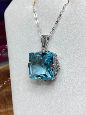 Aquamarine Pendant, Sterling Silver Filigree Necklace, Victorian Jewelry #P77