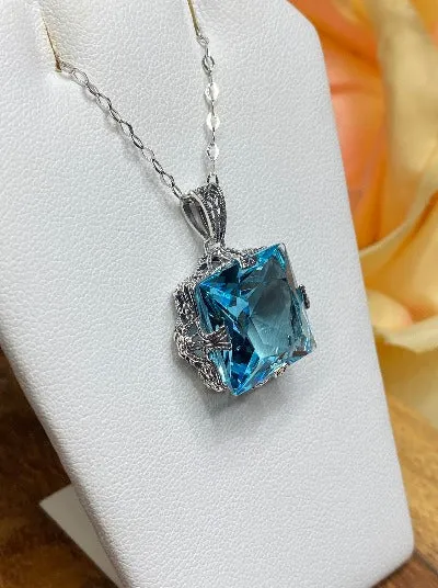 Aquamarine Pendant, Sterling Silver Filigree Necklace, Victorian Jewelry #P77
