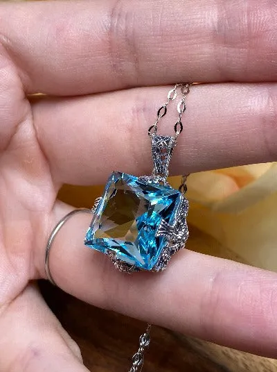 Aquamarine Pendant, Sterling Silver Filigree Necklace, Victorian Jewelry #P77