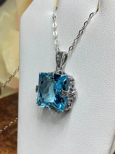 Aquamarine Pendant, Sterling Silver Filigree Necklace, Victorian Jewelry #P77