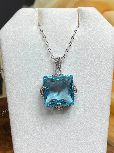 Aquamarine Pendant, Sterling Silver Filigree Necklace, Victorian Jewelry #P77
