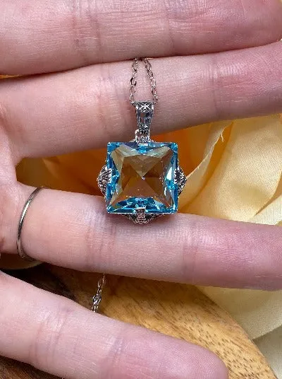 Aquamarine Pendant, Sterling Silver Filigree Necklace, Victorian Jewelry #P77