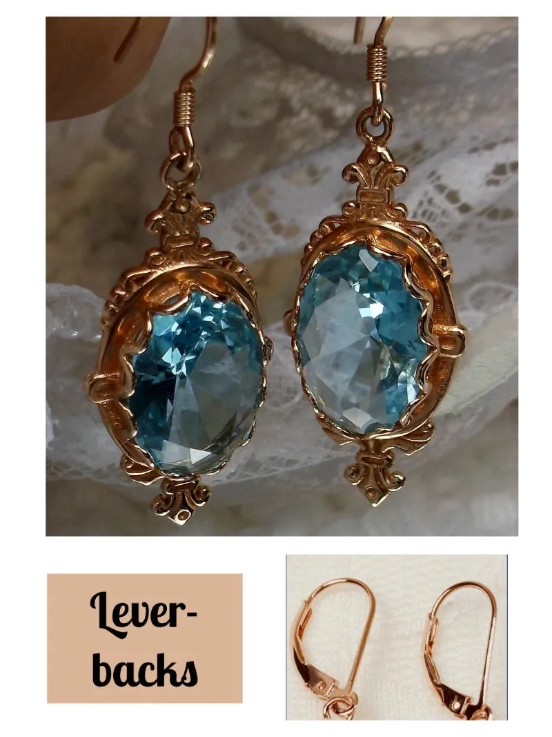 Aquamarine Sky Blue Pin Earrings, Rose Gold plated or Sterling Silver, Stylish Victorian Jewelry Design#E18
